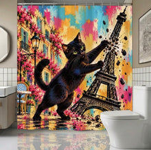 Load image into Gallery viewer, Black Cat Hijinks in Paris Shower Curtain &amp; Rug Set (preorder for late Nov. delivery)