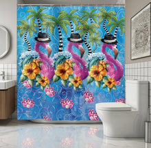 Load image into Gallery viewer, Shower Curtain and Rug Set Flamingos in Fedoras (ship date late Sept)
